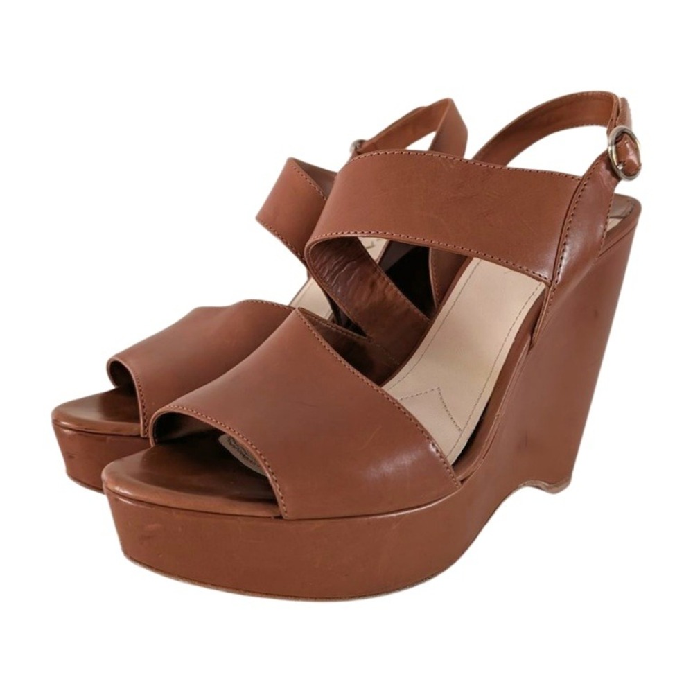 Prada Women Brown‎ Leather Platform Wedge Slingback Sandals Shoes Size 40 IOB